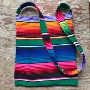 Handmade Mexican Blanket Upcycled Beach Crossbody Tote Bag 15" x 17"